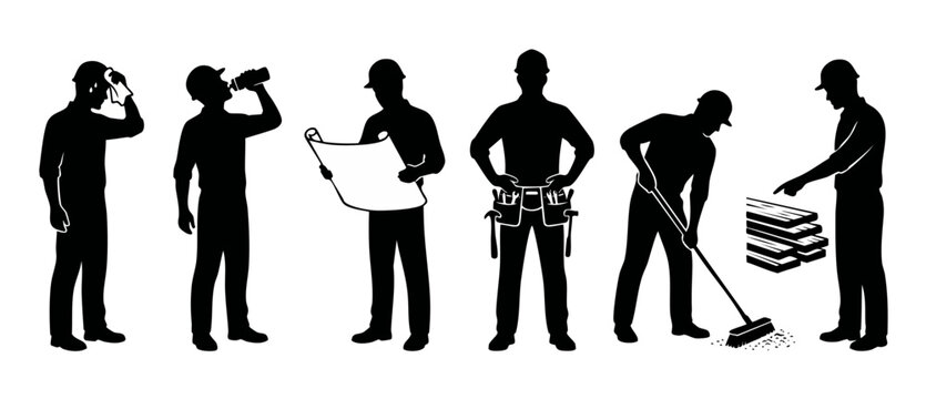 Construction worker silhouettes, professional labor team, industrial staff, job site tasks, builders in various poses holding tools blueprints and cleaning, black vector collection on white background