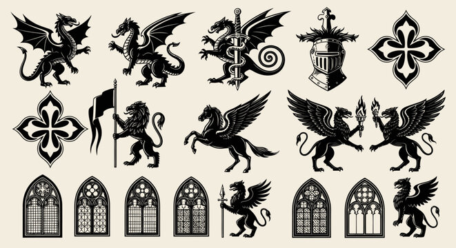 Gothic architectural decorative elements icons.