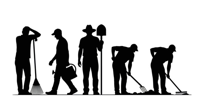 Silhouettes of people cleaning outdoors.