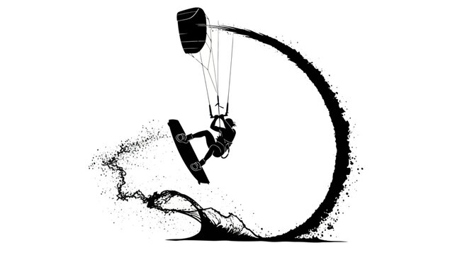 Kite Surfer Silhouette Performing Trick with Water Splash