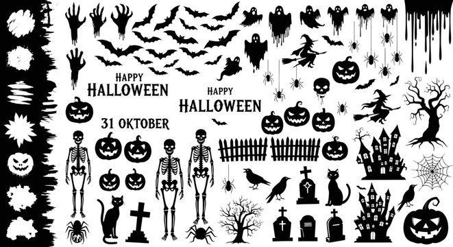 Black Halloween icons on white background.