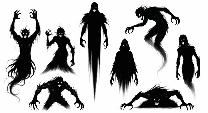 Group of seven monster silhouettes standing.