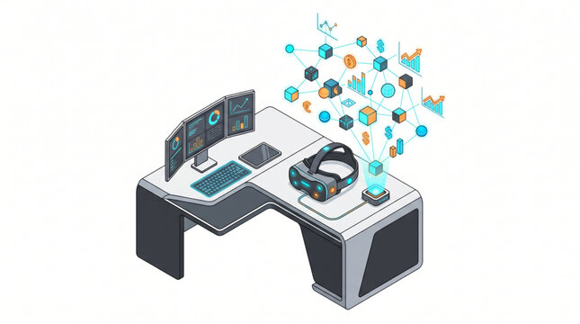 Flat isometric futuristic brain computer interface trading desk isolated on white