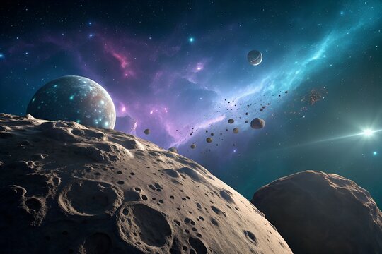 Massive rocky planetary surfaces display numerous deep impact craters and desolate dusty terrain while drifting through the vast cold darkness of the deep cosmic abyss beneath a glowing purple and bri