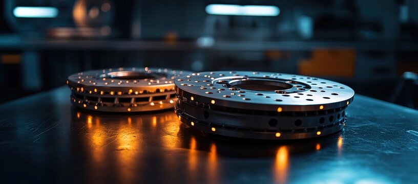 Close-up of two new premium Japanese car wheel Jul series rotors, highlighted with bolts on the table in an automotive workshop.