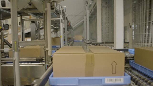 Automated Conveyor Belt Moving Cardboard Boxes in Modern Warehouse Interior
