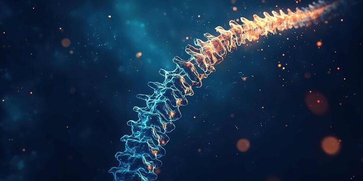 Illustration of the human spine with brain and nerves, a medical background concept for an establishing shot of a sci-fi movie.