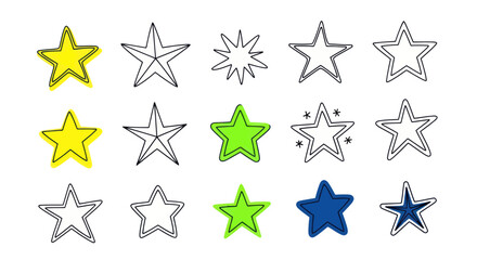 Hand-drawn stars, doodle elements, graphic icons, yellow, green, blue, white background © Anggrek