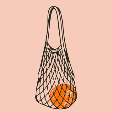 Delicious juicy Orange tangerine mandarin satsuma fruit. Whole fruit in black net bag. Hand drawn trendy Vector illustration. Isolated design element. Tasty, healthy, organic, eco food concept