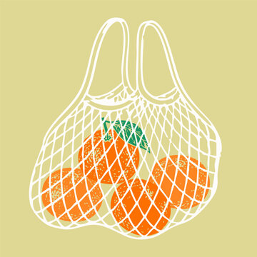 Delicious juicy Orange tangerine mandarin satsuma fruit. Whole fruit in mesh bag, shopper. Hand drawn trendy Vector illustration. Isolated design element. Tasty, healthy, organic, eco food concept