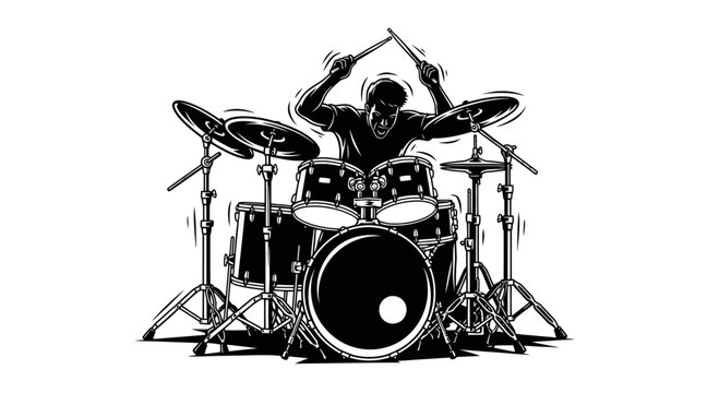 Energetic drummer playing drum kit with passion, black and white illustration