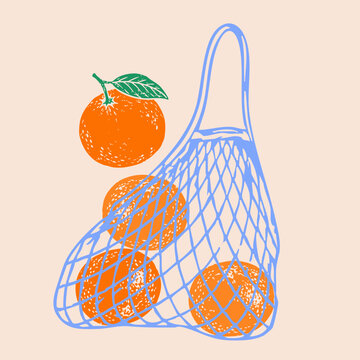 Delicious juicy Orange tangerine mandarin satsuma fruit. Whole fruit in net bag, shopper. Hand drawn trendy Vector illustration. Isolated design element. Tasty, healthy, organic, eco food concept