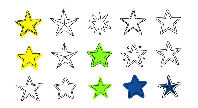 Hand-drawn stars, doodle elements, graphic icons, yellow, green, blue, white background
