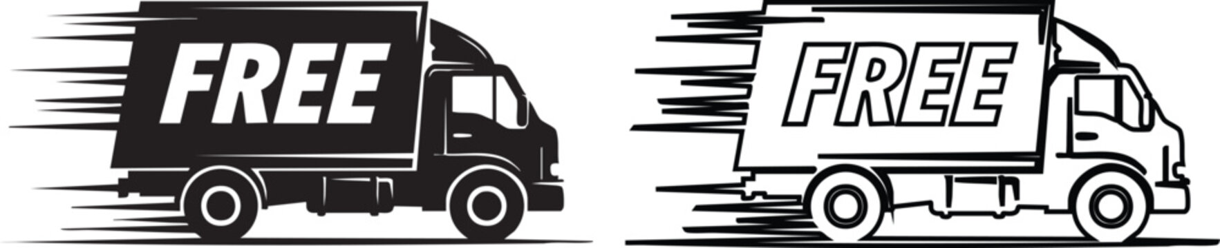Black and white of delivery trucks with f r e text silhouette free text side view