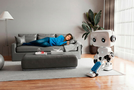 3D robot vacuum lounge with woman resting in quiet home