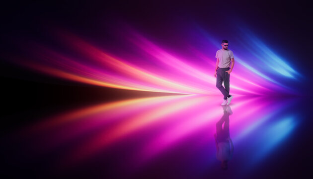 3D neon light path with man standing in luminous gradient