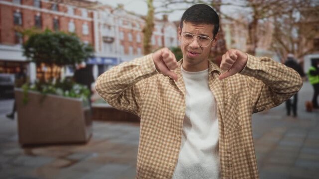 Man in checkered shirt and glasses shows both thumbs down gesture on a pedestrian street with planters and brick buildings visible; disapproval.