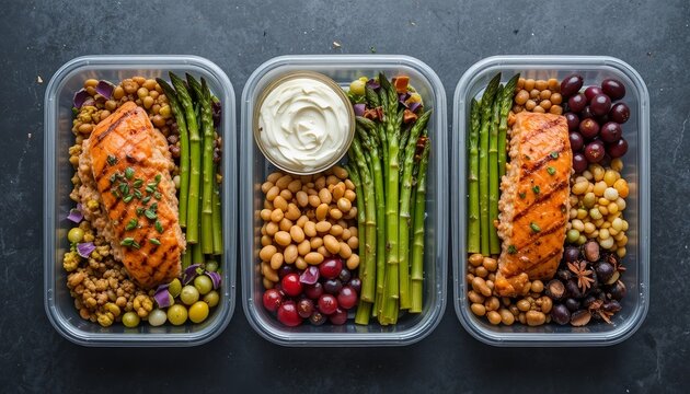 Healthy meal prep containers with grilled salmon, couscous, fresh vegetables, grapes, and creamy sauce, neatly arranged for balanced, nutritious eating