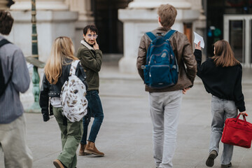 A group of students walking and talking on an urban campus, carrying backpacks and papers. The...