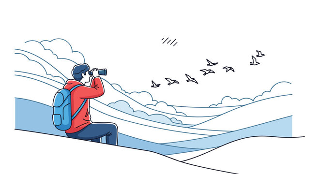 Backpacker sitting on a hill uses binoculars to observe a flock of birds flying across a scenic landscape of rolling hills.