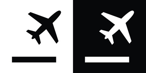Clean airplane takeoff icon showing a plane ascending from a runway. High contrast vector design for airport departure signs and travel booking interface elements. © bibin