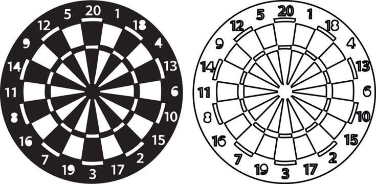 Black and white silhouette dartboard with numbered sections and darts numbers