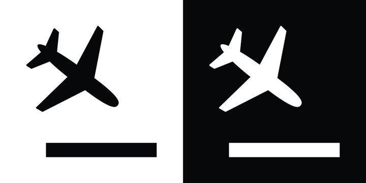 Minimalist airplane landing icon in black and white versions. Silhouette of a plane descending toward a runway line. Clean vector style for travel and airport signage design.