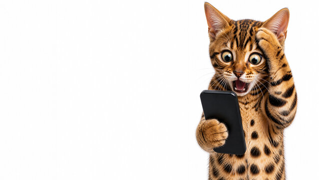 Extremely shocked bengal kitten with wild pattern holding smartphone and paw on head on white background  copy space left