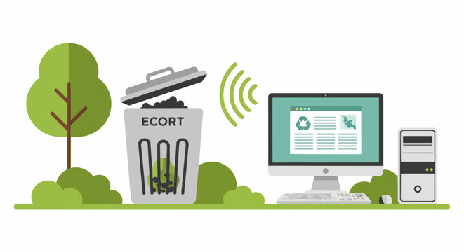 Smart Waste Management and Green Computing Illustration, Digital Recycling Technology Concept with Computer and IoT Trash Bin in Nature