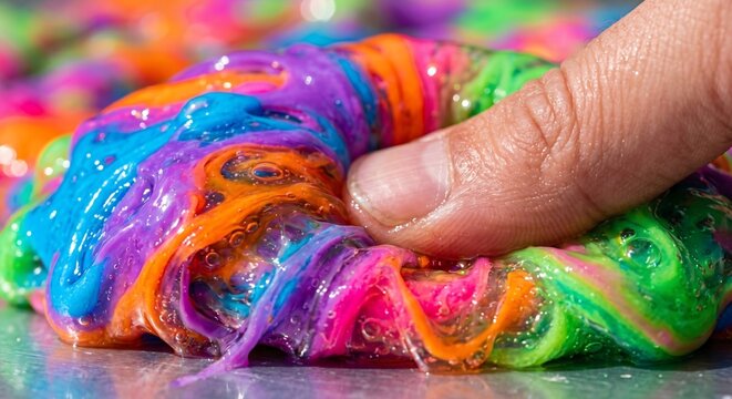 Macro shot of colorful slime being manipulated by a hand