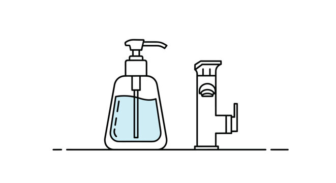 Minimalist line drawing of a liquid soap dispenser bottle standing next to a modern metal bathroom water faucet.