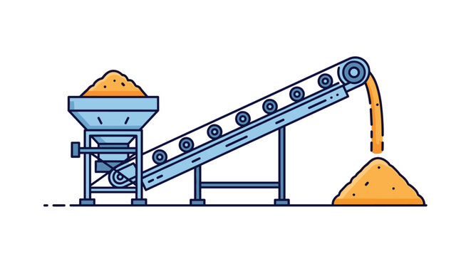 Industrial machinery illustration of a grain elevator or conveyor system transporting bulk material from a hopper.