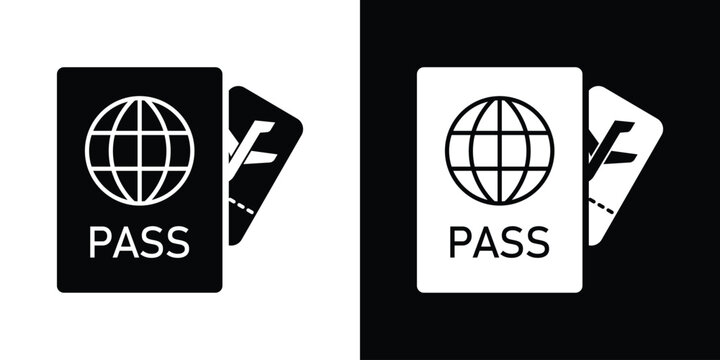 Combined icon showing a passport document with an airplane boarding pass tucked behind it. Modern vector graphic for vacation planning, airport check-in, and travel preparation.