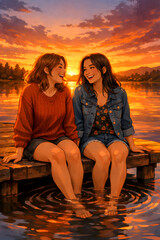 Fototapeta premium Two friends laughing on a wooden pier at sunset