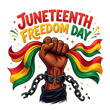Illustrative design depicting a raised fist breaking heavy metal chains to celebrate annual Juneteenth freedom day