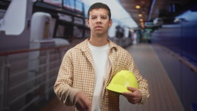 Young man holding yellow hardhat and pointing finger on cruise ship corridor, wearing safety glasses and plaid shirt; concern duty.