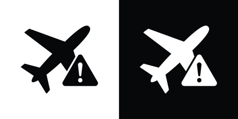 Bold silhouette of an airplane with a triangular exclamation warning sign. Ideal for flight delays, safety alerts, emergency landing, or aviation hazard notifications in app interfaces. © bibin