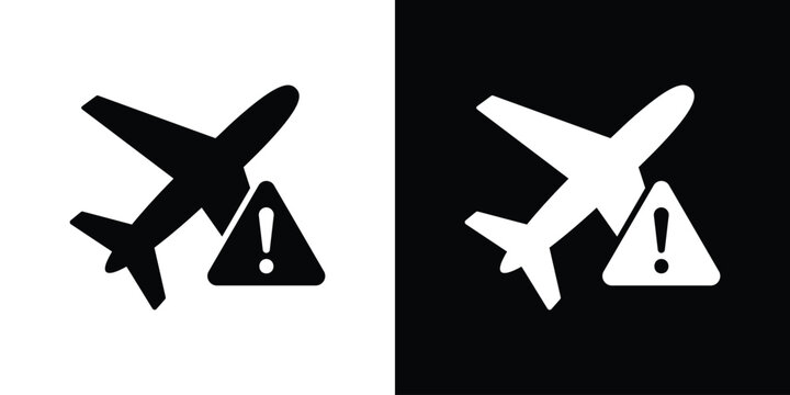 Bold silhouette of an airplane with a triangular exclamation warning sign. Ideal for flight delays, safety alerts, emergency landing, or aviation hazard notifications in app interfaces.