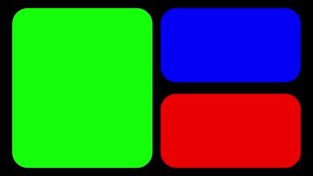 Animated grid collage rectangles for split-screen bento animations or video editing. Colored containers on a black background.