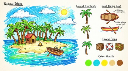 Obraz premium Hand-Drawn Tropical Island Scene with Palm Trees, Boat, and Sun.