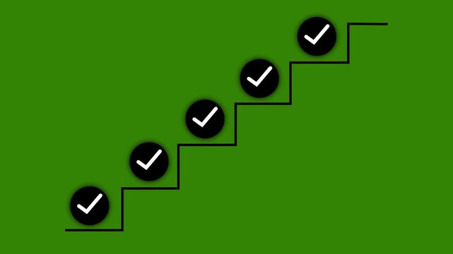 Black Staircase with Five Black Circles Containing White Checkmarks on a Green Background Symbolizing Steps of Completion or Success