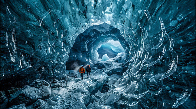 Blurred icy glacier cave with blue reflective textures featuring