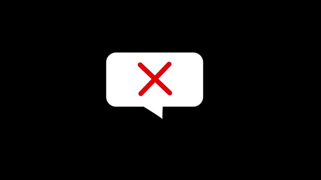A simple white speech bubble with a bold red cross symbol inside against a solid black background representing a negative response or error in communication or digital interface