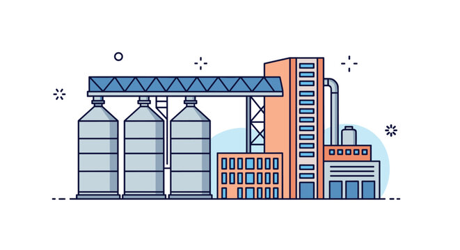 Modern industrial factory building featuring multiple storage silos and a contemporary architectural design for manufacturing concepts.