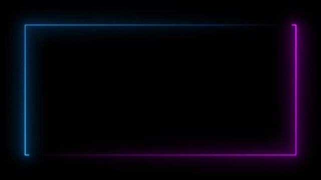 A vibrant rectangular neon frame glows with contrasting magenta and cyan light against a deep black background creating a futuristic and energetic visual border digital and abstract