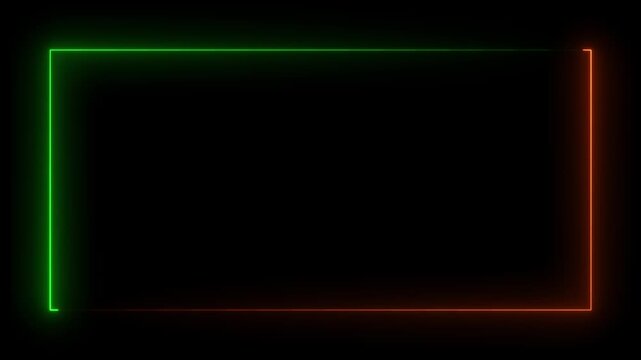 A rectangular frame formed by glowing neon lights with the edge in vibrant orange and the bottom edge in electric green set against a completely black background
