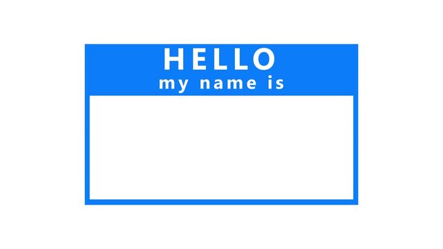 A classic blue and white hello my name is sticker with a large blank white rectangular space for writing a name is presented on a clean white background, introductions and name tags