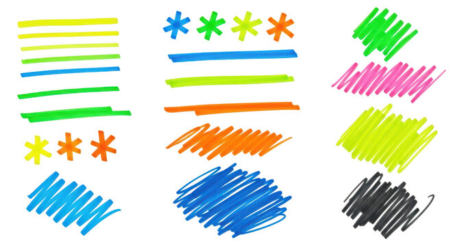 Colorful marker strokes and asterisks on transparent background for editing