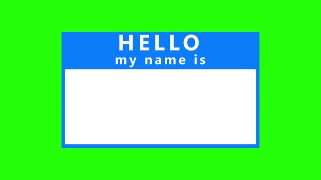 A blue and white rectangular name tag sticker with the words HELO and my name is printed in white text on a vibrant, solid bright green background, offering a blank space for
