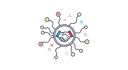 Fototapeta premium Digital handshake icon at the center of a connected network representing online partnership, collaborative technology, and business deals.